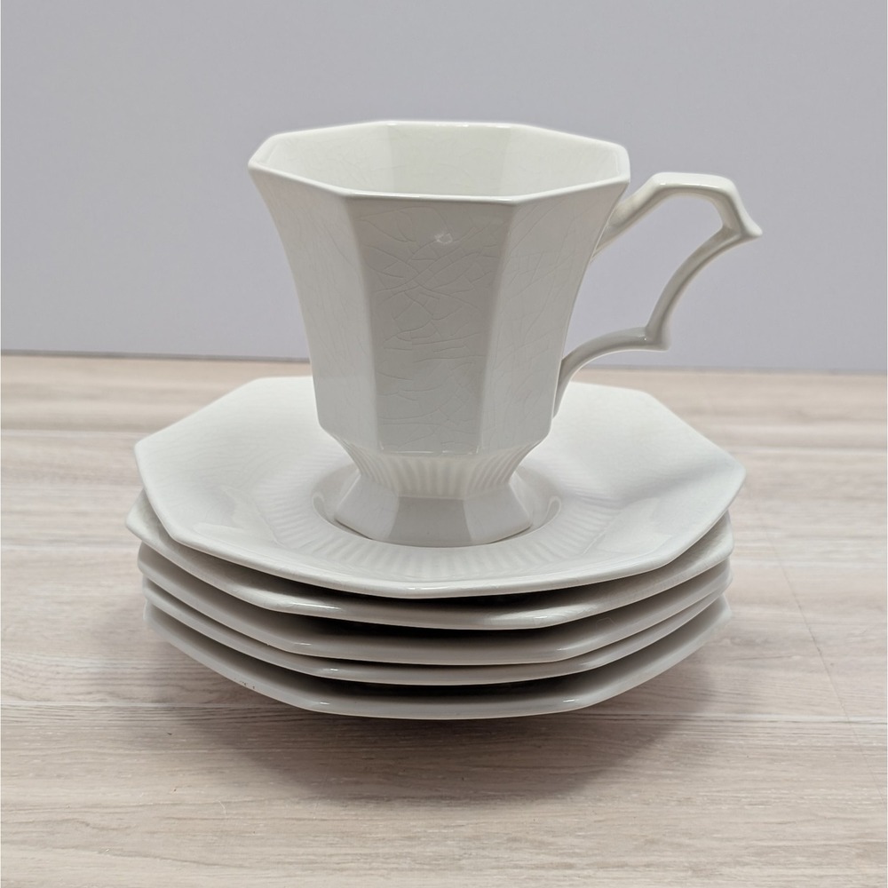 Interpace Japan Ironstone Cup + 5 Octagonal Saucers — "Independence" Mark